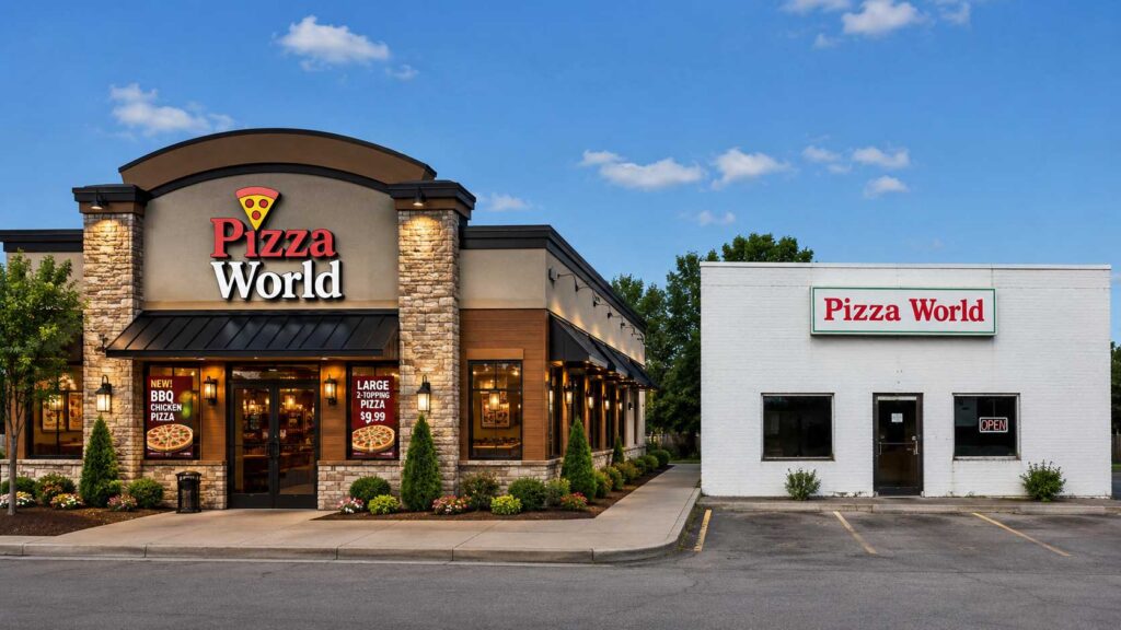 two restaurant buildings, a beautiful marketing one on the left, and a bland one on the right.