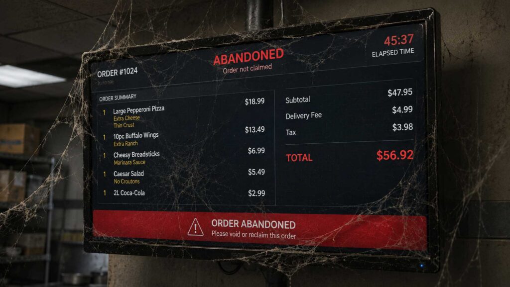Restaurant ordering screen showing items and an "abandoned" alert message with cobwebs